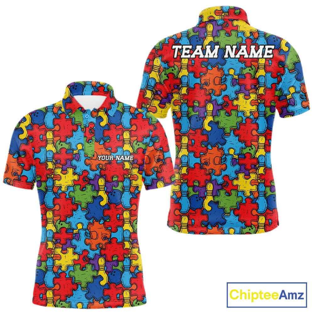 Custom Autism Awareness Bowling Men Polo Shirt, Colorful Puzzle Pieces Bowling Shirt IPHW11615