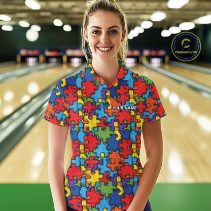 Custom Autism Awareness Bowling Women Polo Shirt, Colorful Puzzle Pieces Bowling Shirt IPHW11615