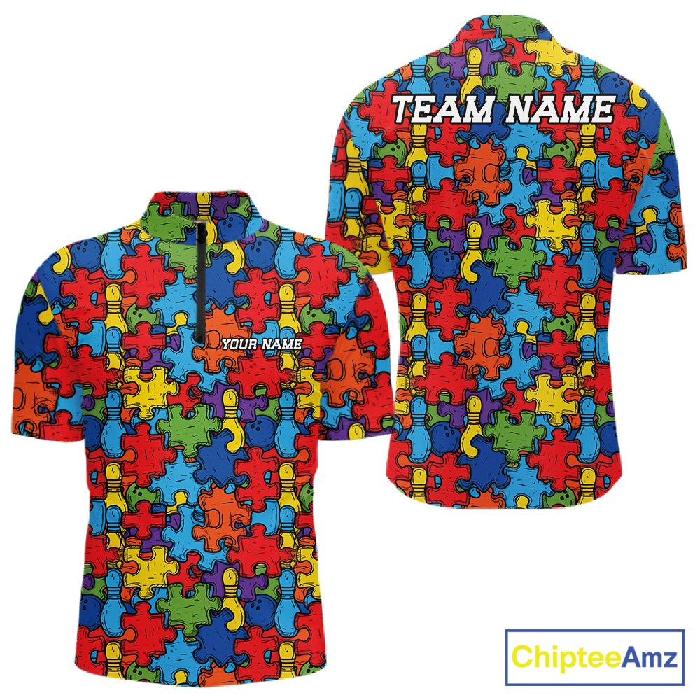 Custom Autism Awareness Bowling Men Quarter Zip Shirt, Colorful Puzzle Pieces Bowling Shirt IPHW11615
