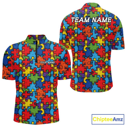 Custom Autism Awareness Bowling Men Quarter Zip Shirt, Colorful Puzzle Pieces Bowling Shirt IPHW11615