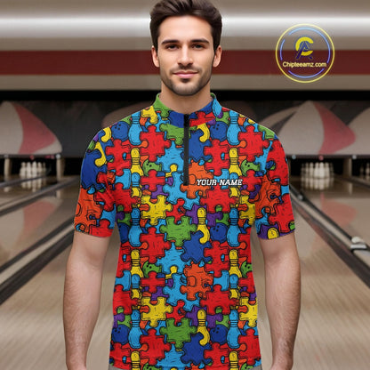 Custom Autism Awareness Bowling Men Quarter Zip Shirt, Colorful Puzzle Pieces Bowling Shirt IPHW11615