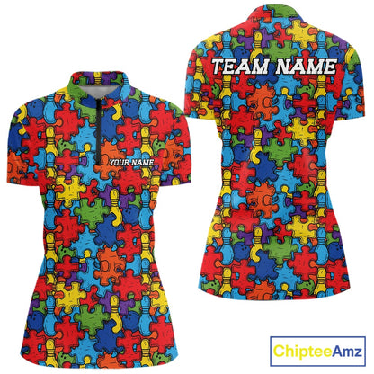 Custom Autism Awareness Bowling Women Shirt, Colorful Puzzle Pieces Bowling Shirt IPHW11615