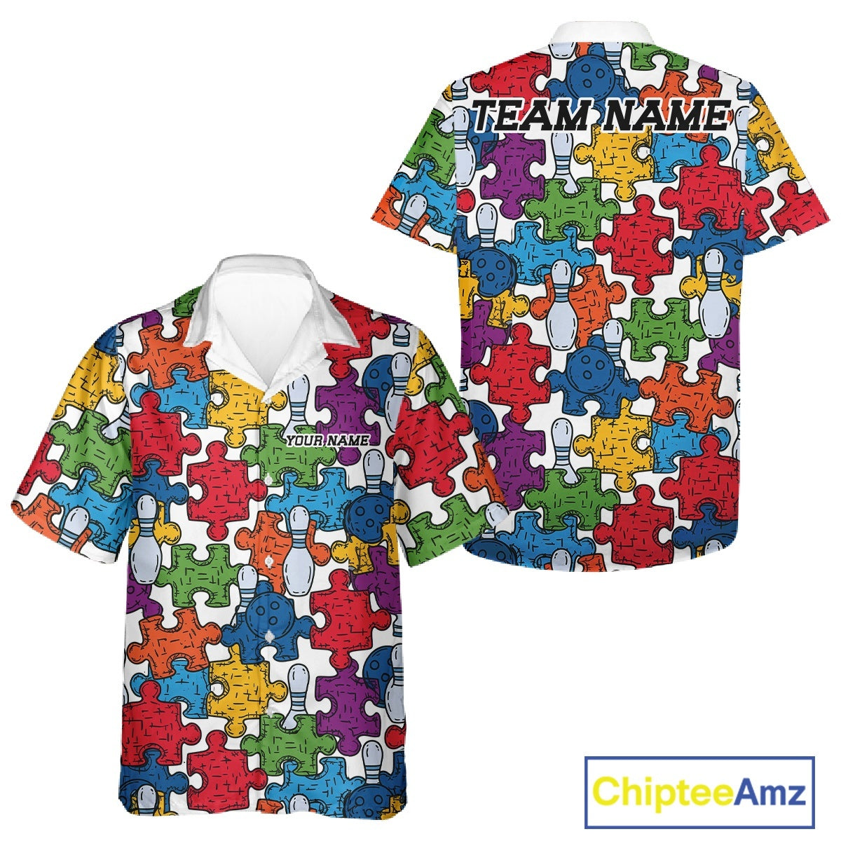 Custom Autism Awareness Bowling Men And Women Hawaiian Shirt, Colorful Puzzle Pieces Bowling Shirt IPHW11616