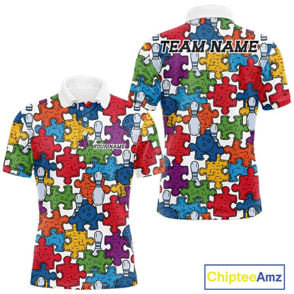 Custom Autism Awareness Bowling Men Polo Shirt, Colorful Puzzle Pieces Bowling Shirt IPHW11616
