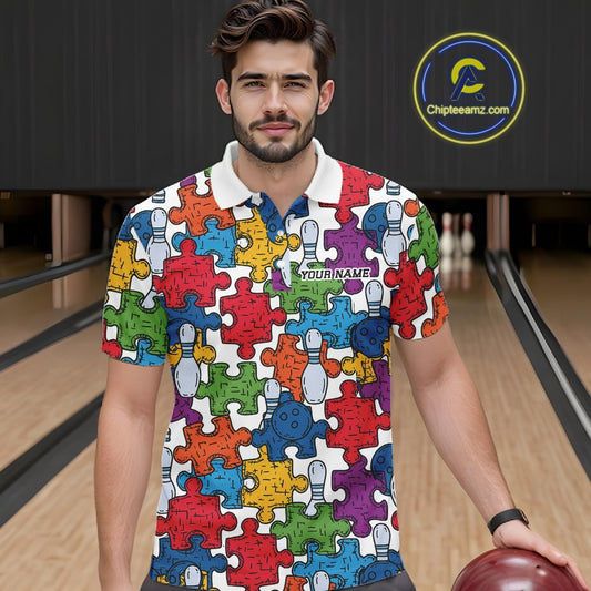 Custom Autism Awareness Bowling Men Polo Shirt, Colorful Puzzle Pieces Bowling Shirt IPHW11616