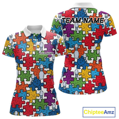 Custom Autism Awareness Bowling Women Polo Shirt, Colorful Puzzle Pieces Bowling Shirt IPHW11616
