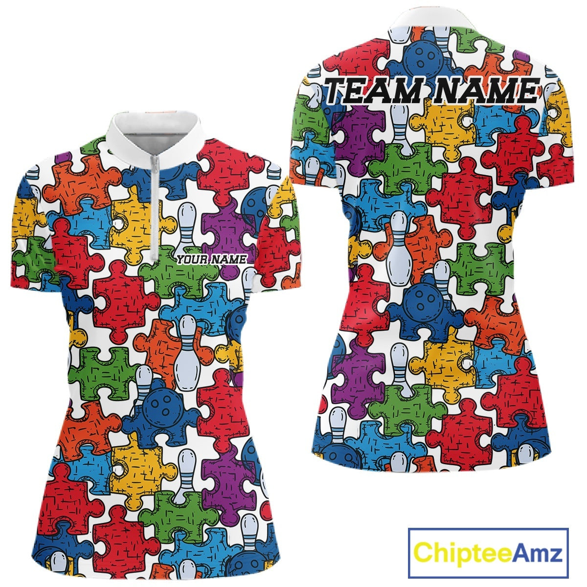 Custom Autism Awareness Bowling Women Shirt, Colorful Puzzle Pieces Bowling Shirt IPHW11616