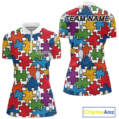 Custom Autism Awareness Bowling Women Shirt, Colorful Puzzle Pieces Bowling Shirt IPHW11616
