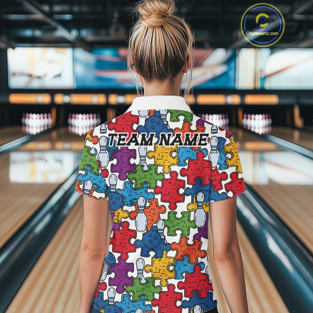 Custom Autism Awareness Bowling Women Shirt, Colorful Puzzle Pieces Bowling Shirt IPHW11616