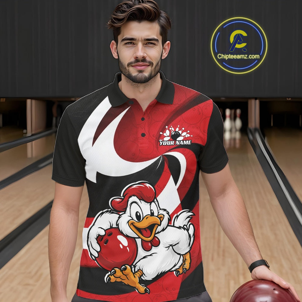 Custom Black And Red Cute Funny Chicken Bowling Jerseys Bowling Team Shirt For Men IPHW11626