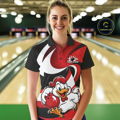 Custom Black And Red Cute Funny Chicken Bowling Jerseys Bowling Team Shirt For Women IPHW11626