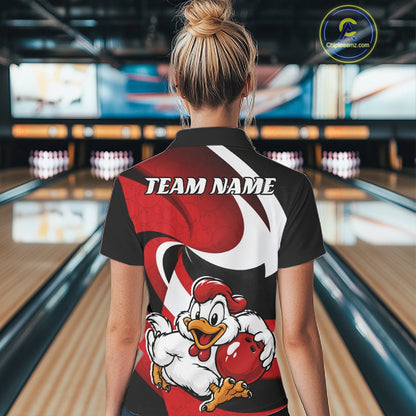 Custom Black And Red Cute Funny Chicken Bowling Jerseys Bowling Team Shirt For Women IPHW11626