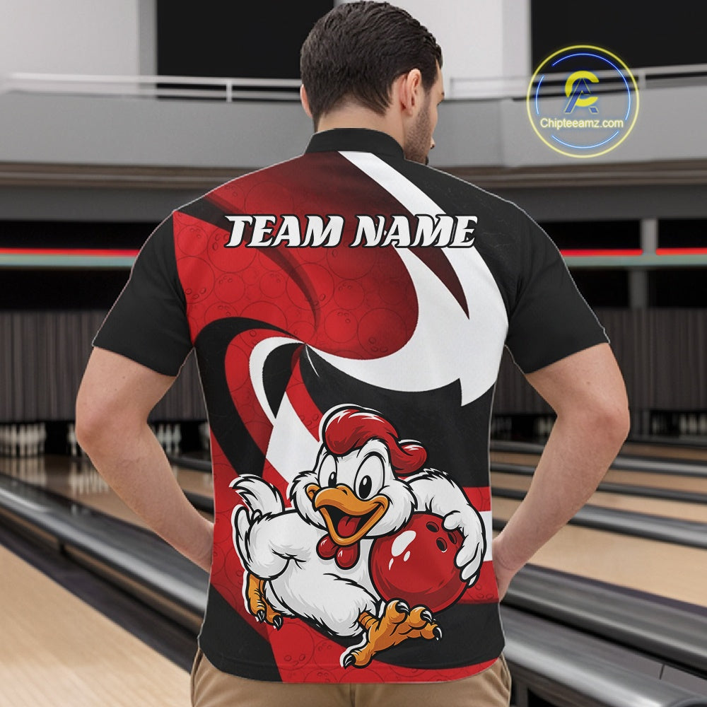 Custom Black And Red Cute Funny Chicken Bowling Jerseys Bowling Team Shirt For Men IPHW11626