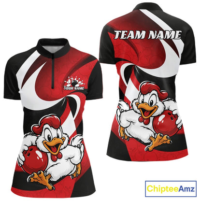 Custom Black And Red Cute Funny Chicken Bowling Jerseys Bowling Team Shirt For Women IPHW11626