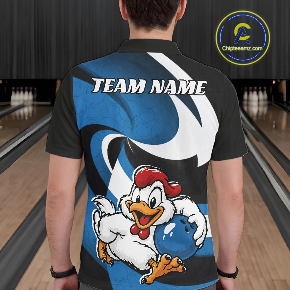 Custom Black And Blue Cute Funny Chicken Bowling Jerseys Bowling Team Shirt For Men IPHW11627