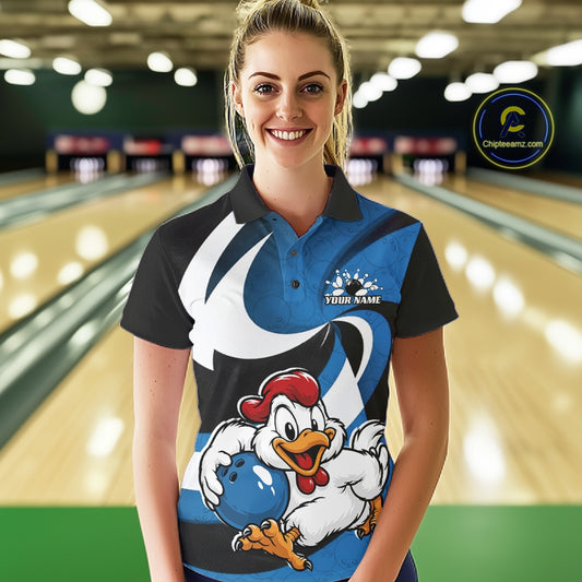 Custom Black And Blue Cute Funny Chicken Bowling Jerseys Bowling Team Shirt For Women IPHW11627