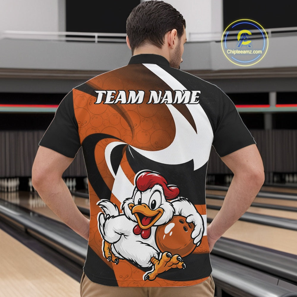 Custom Black And Orange Cute Funny Chicken Bowling Jerseys Bowling Team Shirt For Men IPHW11628