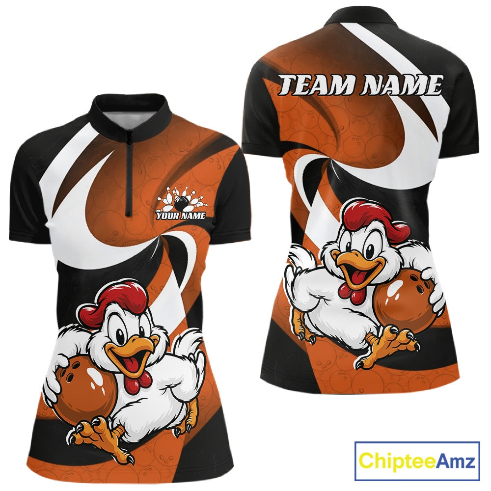 Custom Black And Orange Cute Funny Chicken Bowling Jerseys Bowling Team Shirt For Women IPHW11628