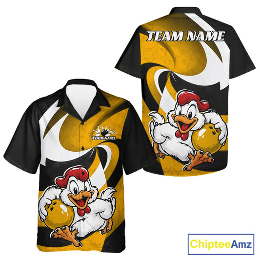 Front and back views of a custom short-sleeve button shirt featuring a bold yellow, black, and white design with a cartoon chicken holding a bowling ball and placeholder text 'TEAM NAME' and 'YOUR NAME'.