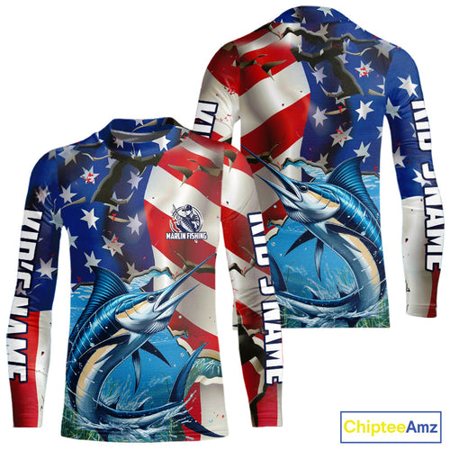 Custom American Flag Patriotic Marlin Fishing Kid Long Sleeve Fishing Shirts, Marlin Jerseys IPHW9661