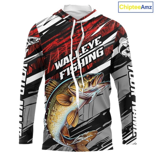 Custom Red Grass Camo Walleye Fishing Long Sleeve Hooded Tournament Fishing Shirts, Fishing Gifts IPHW9663