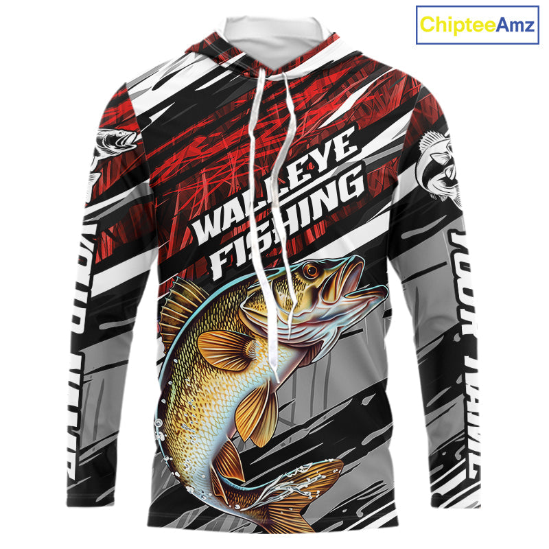 Custom Red Grass Camo Walleye Fishing Long Sleeve Hooded Tournament Fishing Shirts, Fishing Gifts IPHW9663