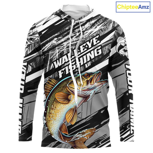 Custom Gray Grass Camo Walleye Fishing Long Sleeve Hooded Tournament Fishing Shirts, Fishing Gifts IPHW9667