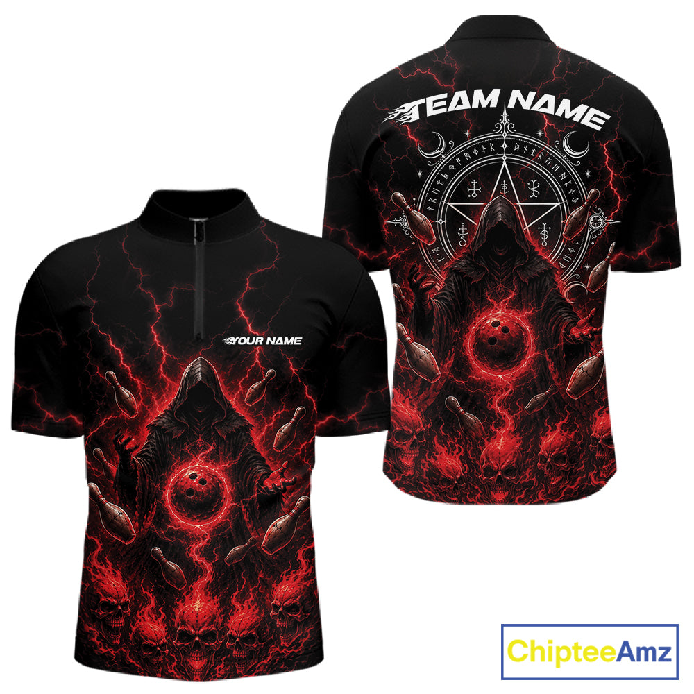 Custom Red Lightning Halloween Grim Reaper Bowling Men Quarter Zip Shirt, Dark Magic Outfit IPHW11880