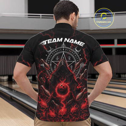 Custom Red Lightning Halloween Grim Reaper Bowling Men Quarter Zip Shirt, Dark Magic Outfit IPHW11880