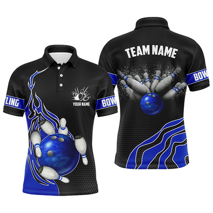 Blue Flame Bowling Polo Shirts For Men Bowling Ball, Custom Bowling Team Jerseys Bowler Outfits IPHW5217