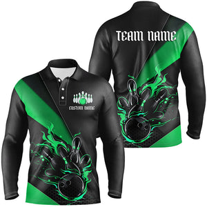 Black And Green Custom Flame Bowling Tournament Jerseys For Men, Bowling Team Shirts IPHW7926