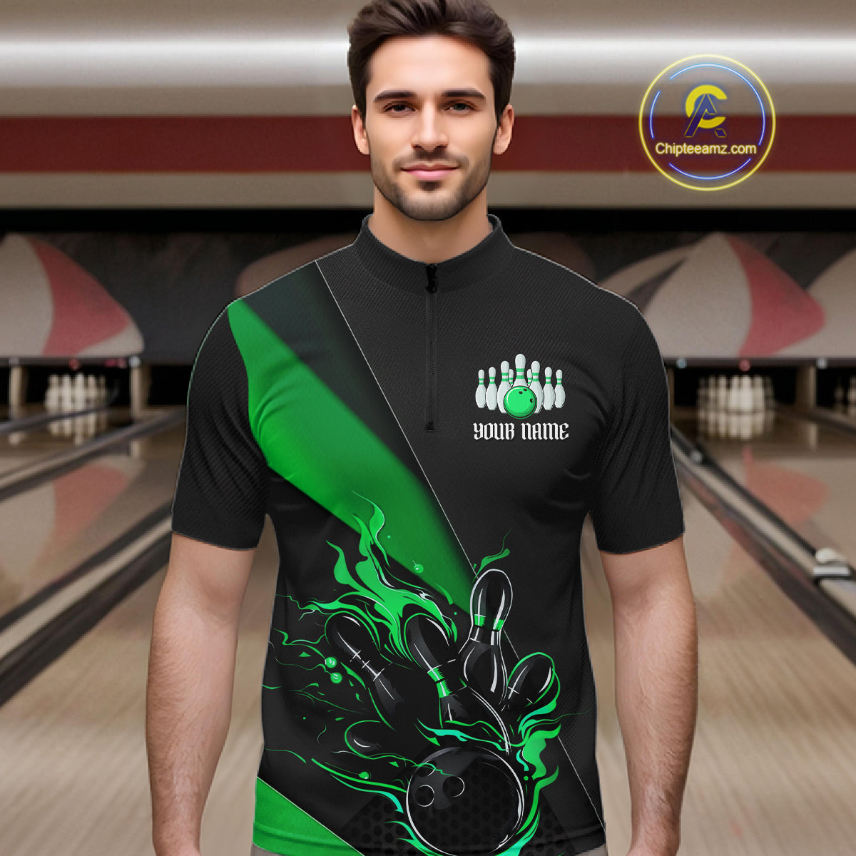 Black And Green Custom Flame Bowling Tournament Jerseys For Men, Bowling Team Shirts IPHW7926