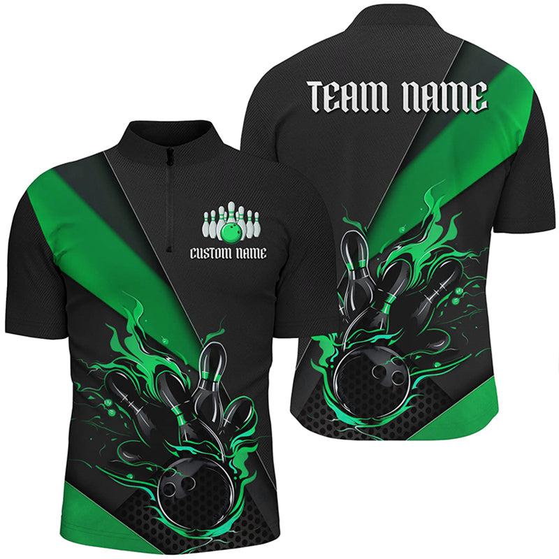 Black And Green Custom Flame Bowling Tournament Jerseys For Men, Bowling Team Shirts IPHW7926