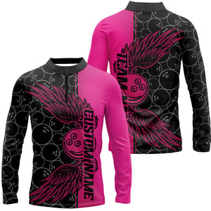 Black And Pink Custom Bowling Ball And Wings Bowling Shirts For Men, Bowling Team Uniform IPHW7928