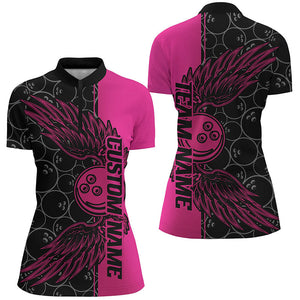 Black And Pink Custom Bowling Ball And Wings Bowling Shirts For Women, Bowling Team Uniform IPHW7928