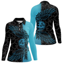 Load image into Gallery viewer, Black And Teal Blue Custom Bowling Ball And Wings Bowling Shirts For Women, Bowling Team Uniform IPHW7929