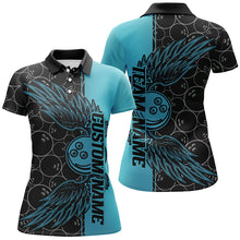 Load image into Gallery viewer, Black And Teal Blue Custom Bowling Ball And Wings Bowling Shirts For Women, Bowling Team Uniform IPHW7929