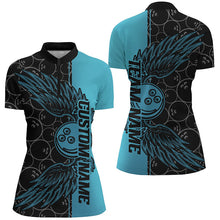 Load image into Gallery viewer, Black And Teal Blue Custom Bowling Ball And Wings Bowling Shirts For Women, Bowling Team Uniform IPHW7929