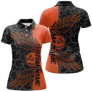 Black And Orange Custom Bowling Ball And Wings Ladies Bowling Shirts, Bowling Team Uniform IPHW7930