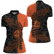 Load image into Gallery viewer, Black And Orange Custom Bowling Ball And Wings Ladies Bowling Shirts, Bowling Team Uniform IPHW7930