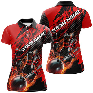 Black And Red Custom Flame Bowling Shirts For Women, Fire Bowling Team Shirt Bowler Outfit IPHW7939