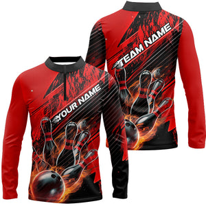 Black And Red Custom Flame Bowling Shirts For Men, Unisex Fire Bowling Team Shirt Bowler Outfit IPHW7939