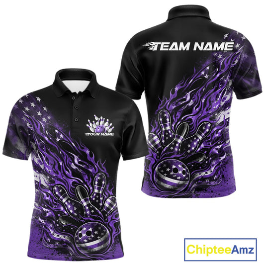 Custom Patriotic Purple Flame Bowling Shirts, US Flag Bowling Team Jerseys Freedom 4Th Of July Bowling Shirt IPHW10434