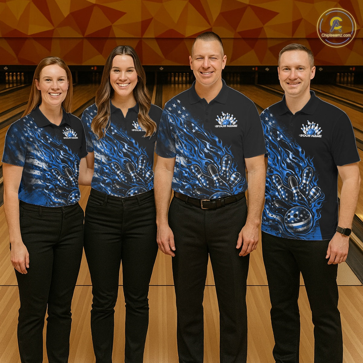 Custom Patriotic Blue Flame Bowling Shirts, US Flag Bowling Team Jerseys Freedom 4Th Of July Bowling Shirt IPHW10437