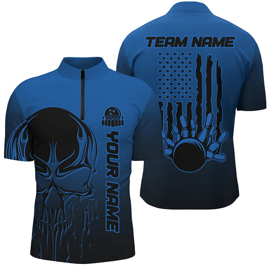Black And Blue Skull Custom Unisex Bowling Team Shirts, American Flag Patriotic Bowling Outfits IPHW6057