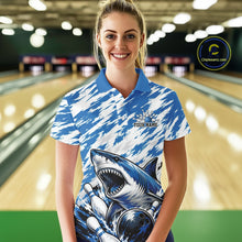 Load image into Gallery viewer, Woman wearing a blue and white bowling shirt with a shark design in a bowling alley.