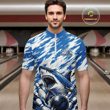 Load image into Gallery viewer, Man wearing a blue and white sports jersey with a shark design in a bowling alley.