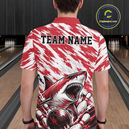 Person wearing a red and white polo shirt with a shark graphic and 'TEAM NAME' text at a bowling alley.