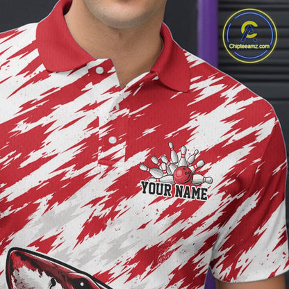Red and white patterned polo shirt with a bowling design and 'Your Name' text, brand logo visible.