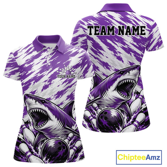 Purple and white polo shirt with shark design and customizable text on a white background
